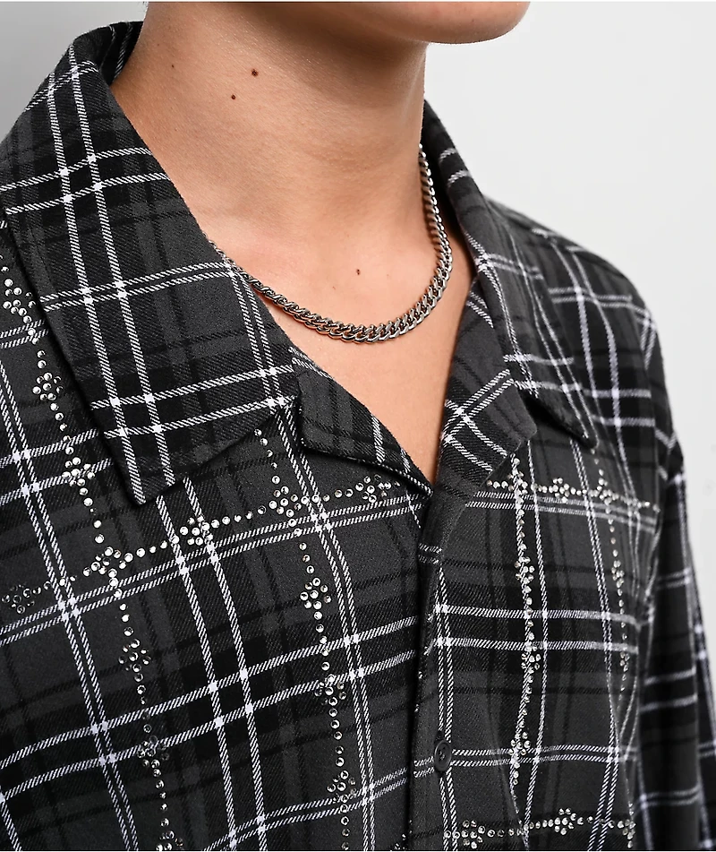 Ninth Hall Crosses and Rhinestones Grey Boxy Long Sleeve Flannel Shirt