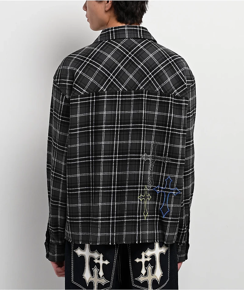 Ninth Hall Crosses and Rhinestones Grey Boxy Long Sleeve Flannel Shirt