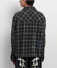 Ninth Hall Crosses and Rhinestones Grey Boxy Long Sleeve Flannel Shirt