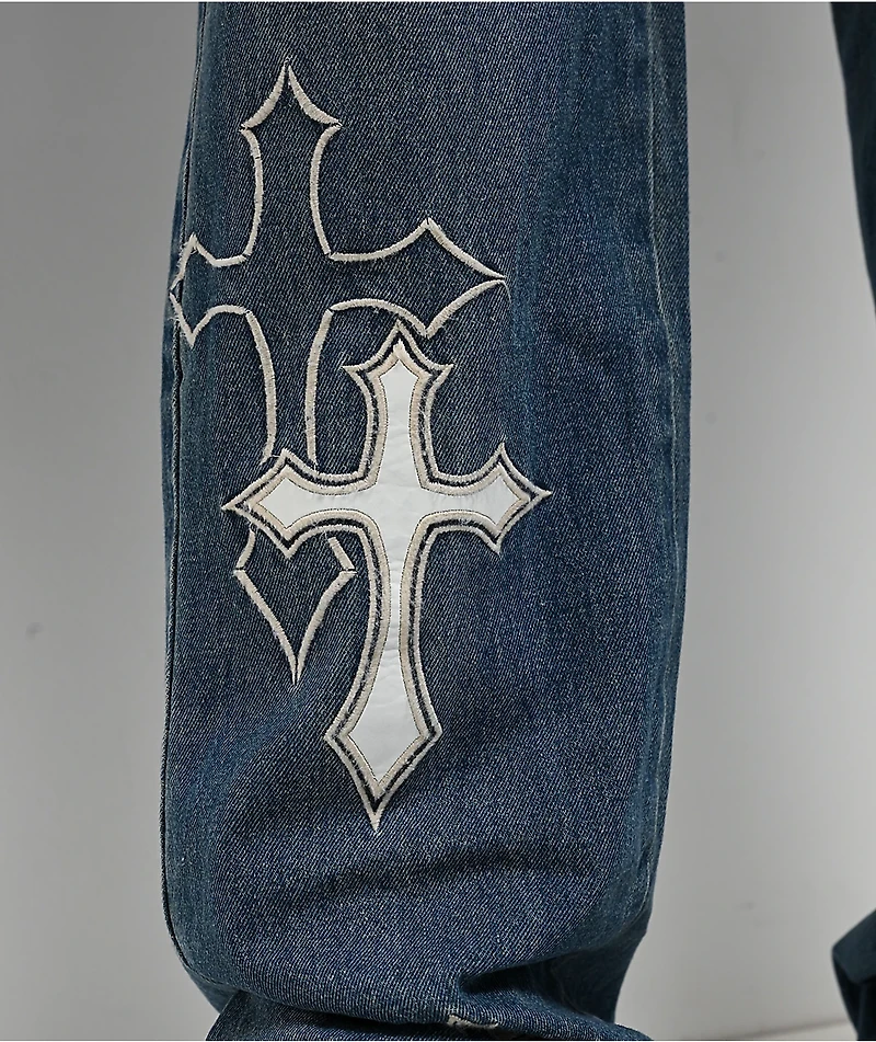 Ninth Hall Defender Applique Crosses Reverent Blue Flare Jeans