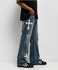 Ninth Hall Defender Applique Crosses Reverent Blue Flare Jeans
