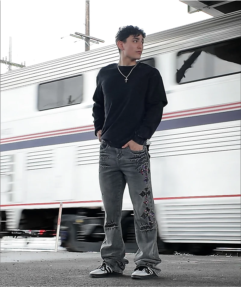 Ninth Hall Defender Crosses Grey Fade Flare Jeans