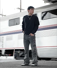 Ninth Hall Defender Crosses Grey Fade Flare Jeans