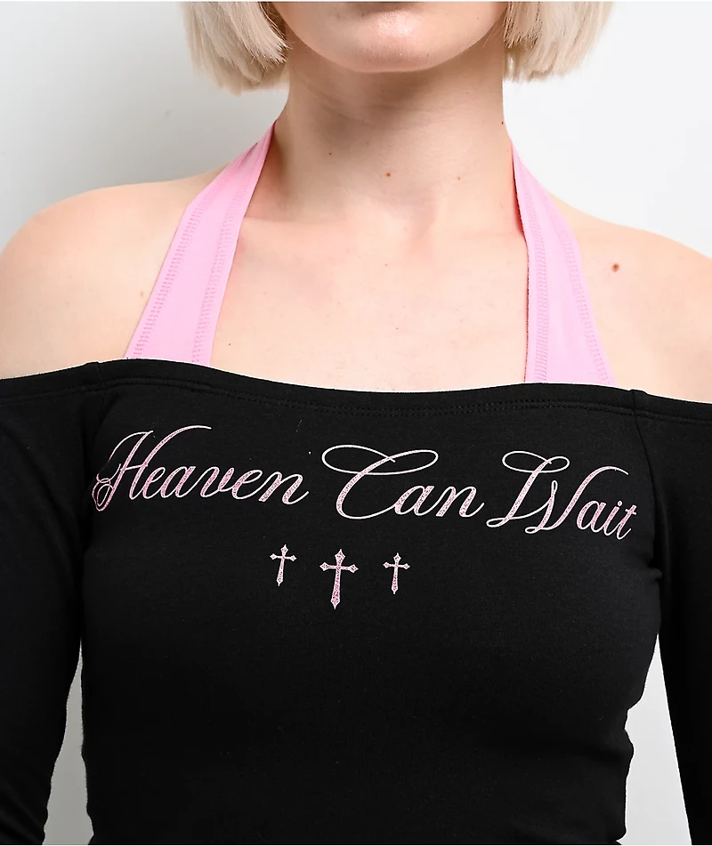 Ninth Hall Destiny Black & Pink Long Sleeve Faux Halter Top