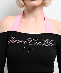 Ninth Hall Destiny Black & Pink Long Sleeve Faux Halter Top
