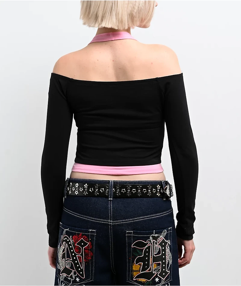 Ninth Hall Destiny Black & Pink Long Sleeve Faux Halter Top