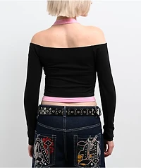 Ninth Hall Destiny Black & Pink Long Sleeve Faux Halter Top
