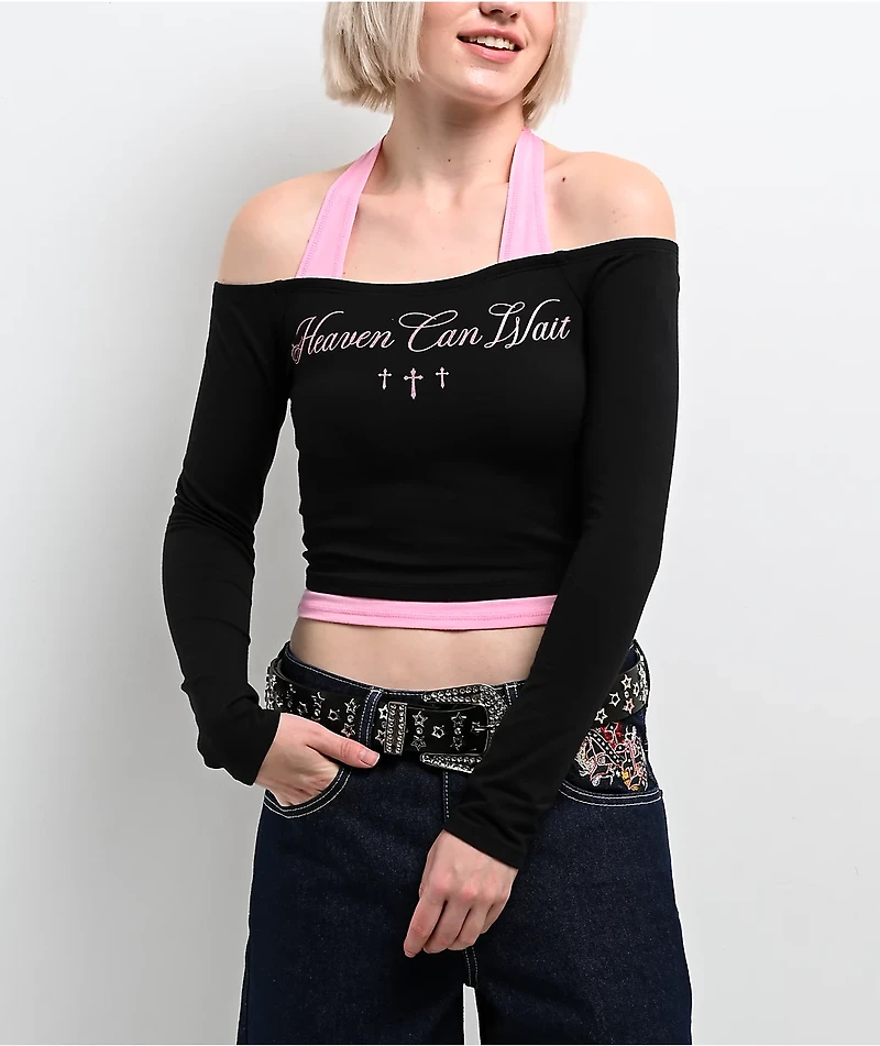 Ninth Hall Destiny Black & Pink Long Sleeve Faux Halter Top