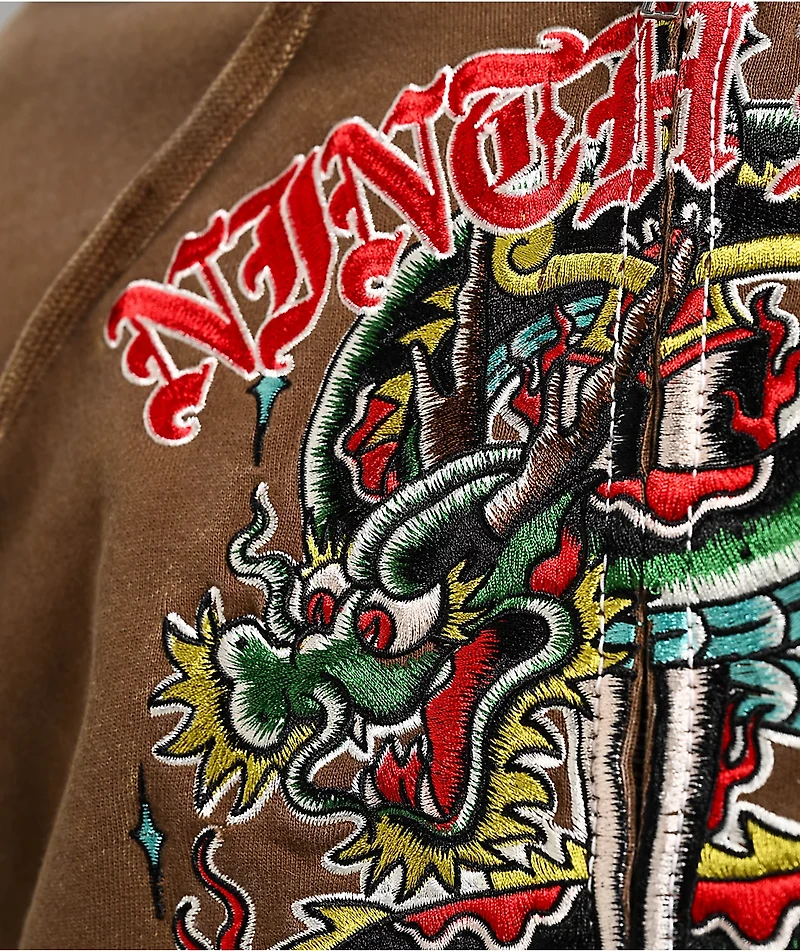 Ninth Hall Dragon Fire Brown Wash Zip Hoodie
