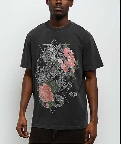 Ninth Hall Dragon Flower Stone Black Wash T-Shirt