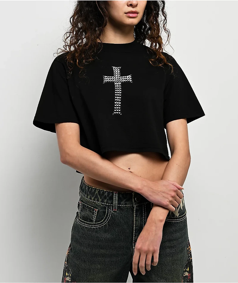 Ninth Hall Faux Cross Black Boxy Crop T-Shirt