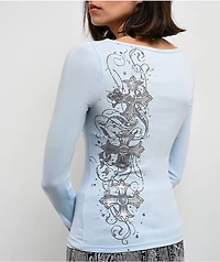 Ninth Hall Fawn Heart Wings Blue Long Sleeve T-Shirt