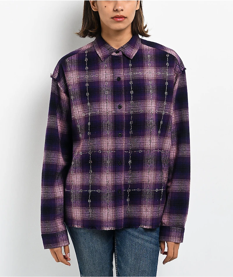 Ninth Hall Freya Rhinestone Pink & Purple Flannel Shirt