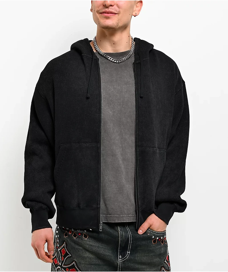 Ninth Hall Fundamentals Black Wash Thermal Zip Hoodie