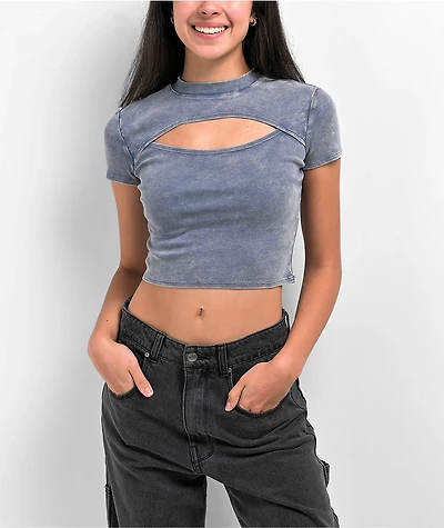 Ninth Hall Fundamentals Cuddie Blue Wash Cutout Fitted Crop Top