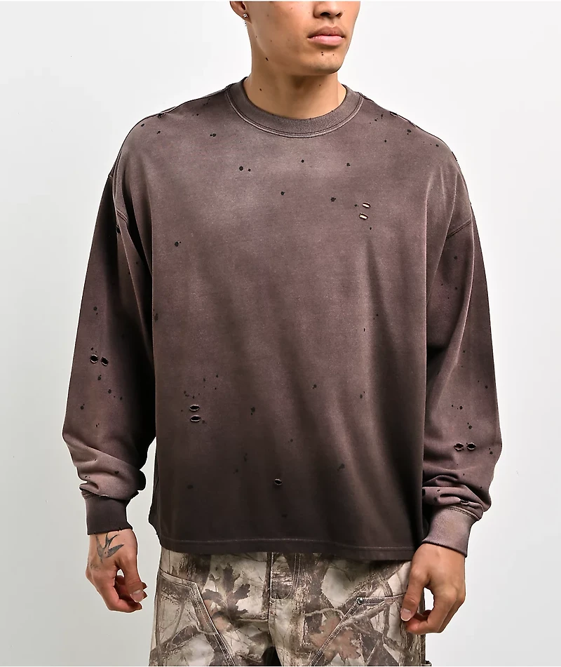 Ninth Hall Fundamentals Distressed Brown Wash Long Sleeve T-Shirt