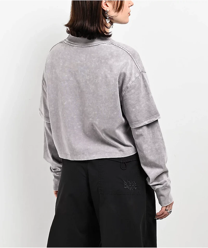 Ninth Hall Fundamentals Lonnie Grey Wash Boxy 2fer Crop Long Sleeve T-Shirt