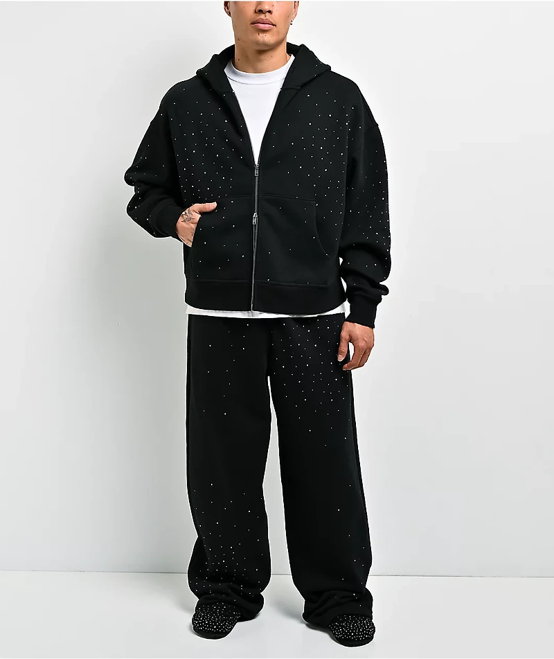 Ninth Hall Fundamentals Rhinestone Black Boxy Zip Hoodie