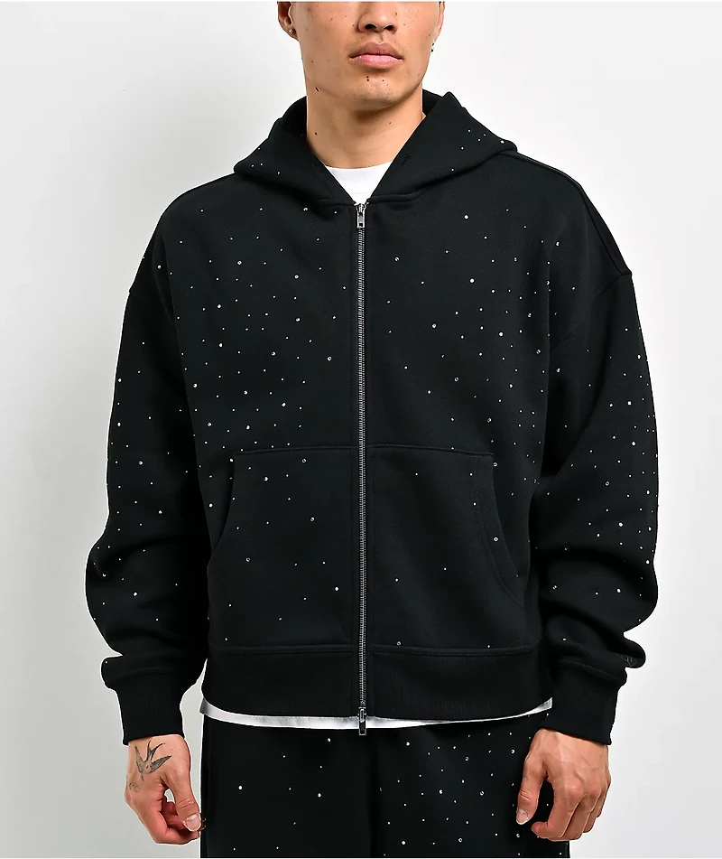 Ninth Hall Fundamentals Rhinestone Black Boxy Zip Hoodie
