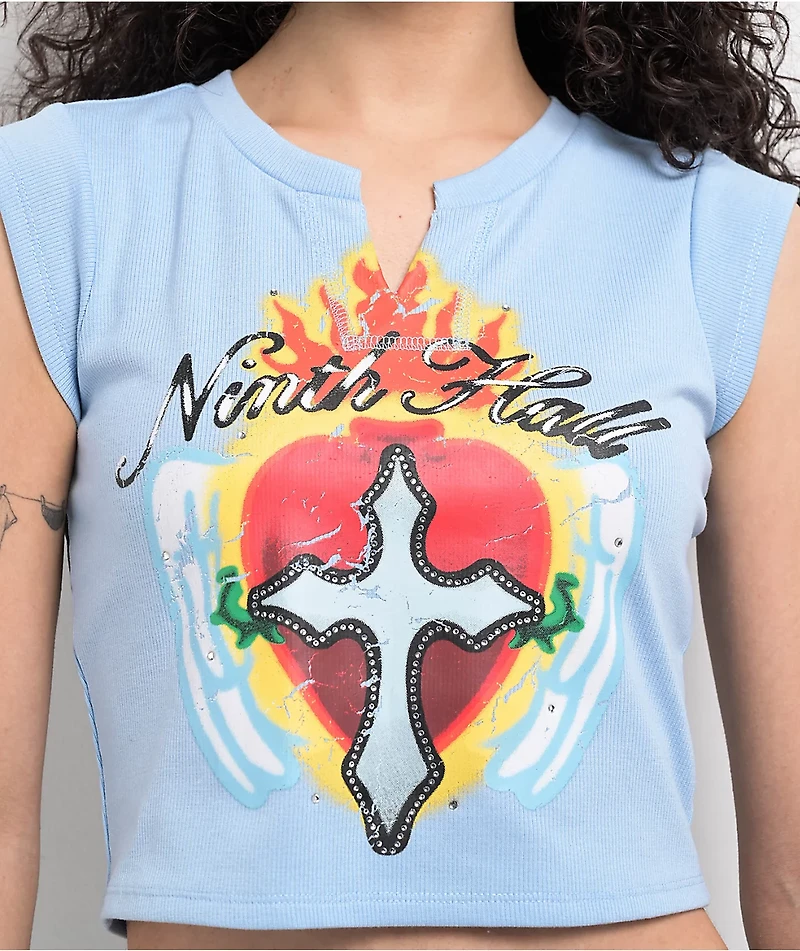 Ninth Hall Harper Cross Heart Light Blue Crop T-Shirt