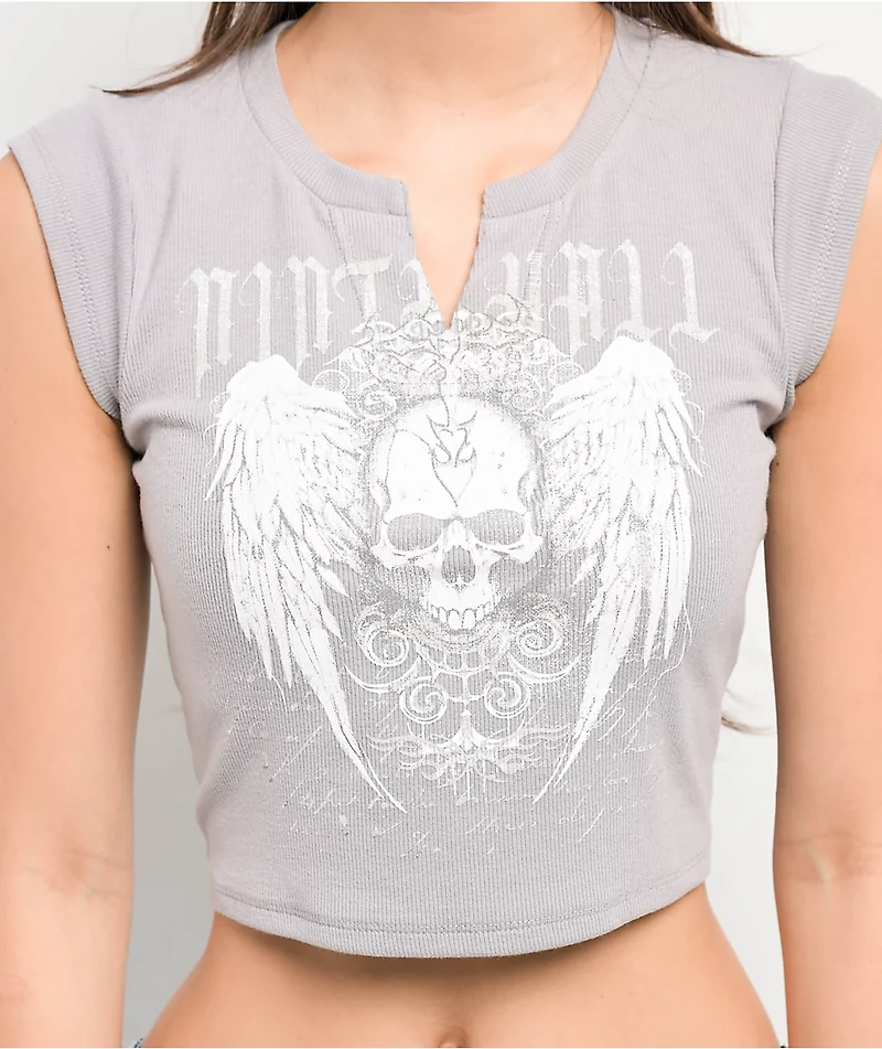 Ninth Hall Harper Skull Wings V Notch Grey Crop T-Shirt