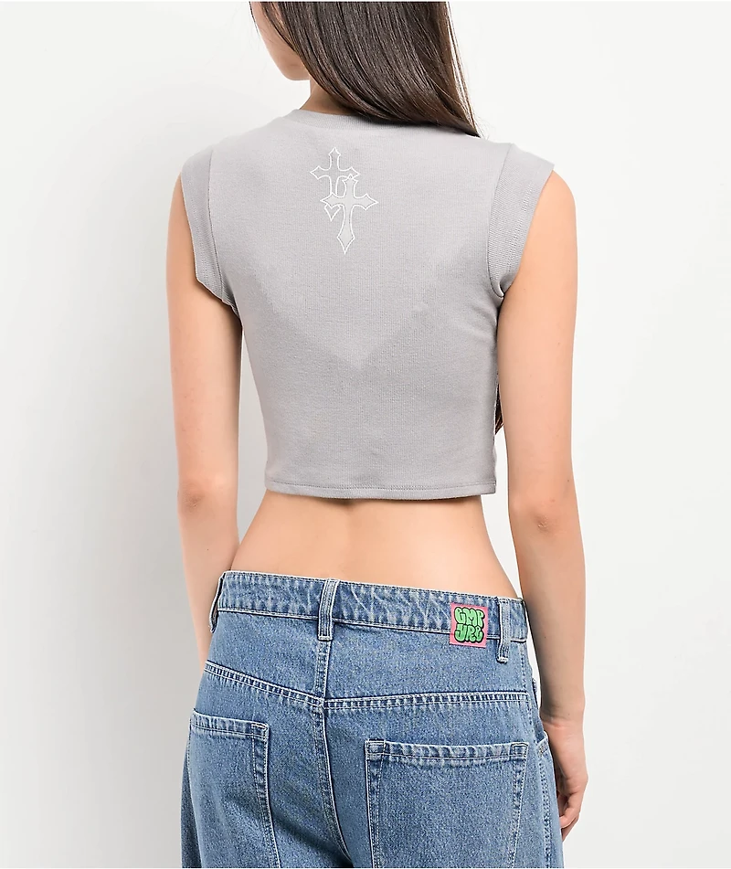 Ninth Hall Harper Skull Wings V Notch Grey Crop T-Shirt
