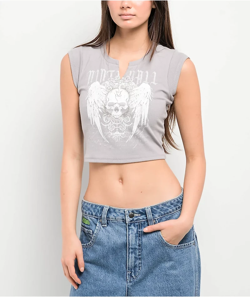 Ninth Hall Harper Skull Wings V Notch Grey Crop T-Shirt