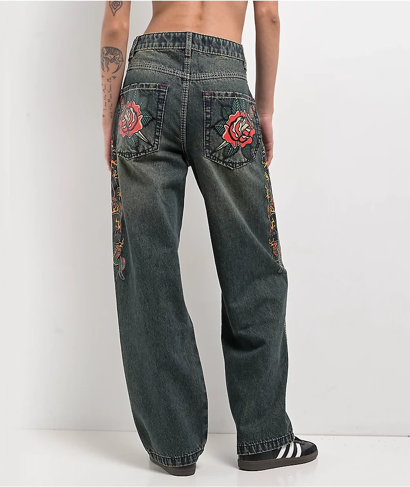 Ninth Hall Idle Envy Cougar Snake Dark Blue Wash Straight Leg Jeans
