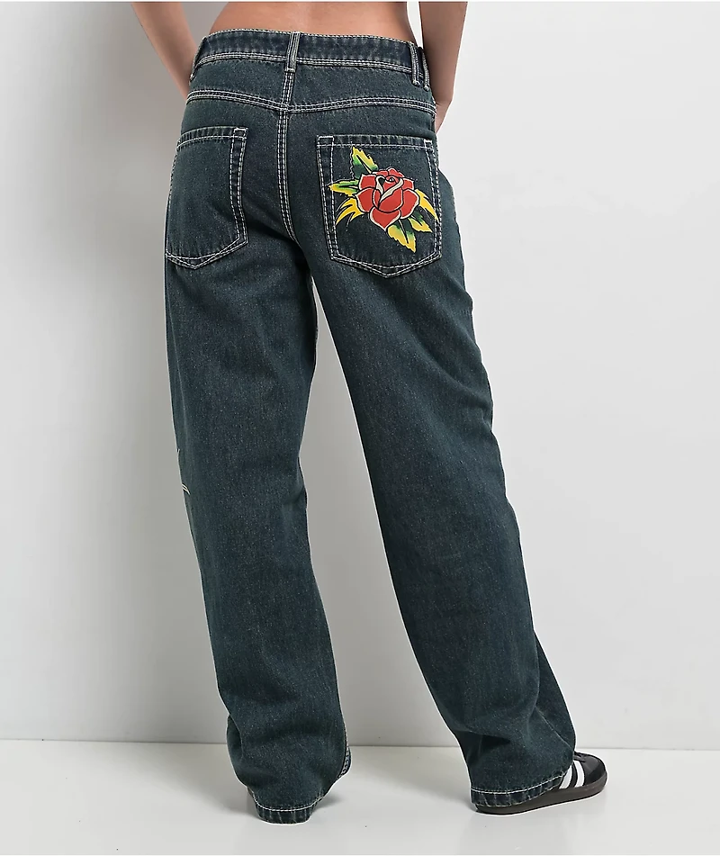 Ninth Hall Idle Printed Blue Dark Wash Straight Leg Jeans