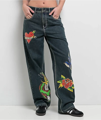 Ninth Hall Idle Printed Blue Dark Wash Straight Leg Jeans