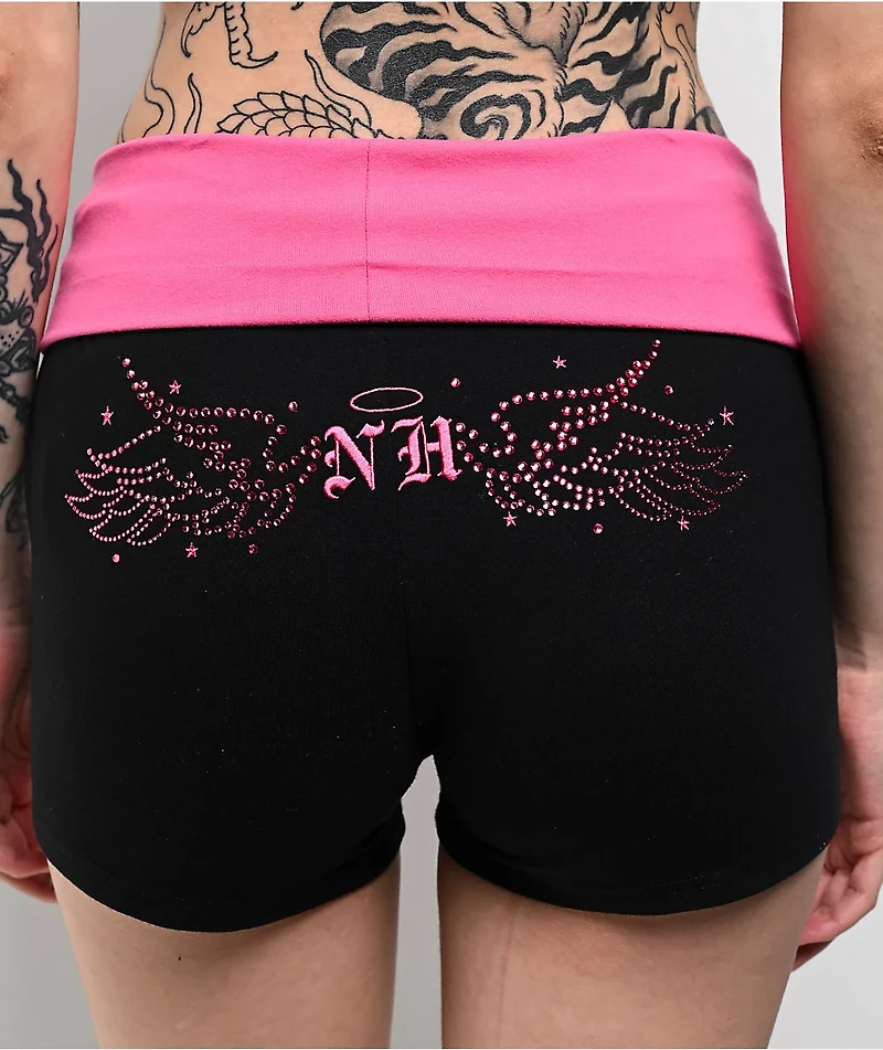 Ninth Hall Jennifer Rhinestone Black & Pink Foldover Shorts