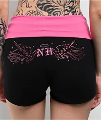 Ninth Hall Jennifer Rhinestone Black & Pink Foldover Shorts