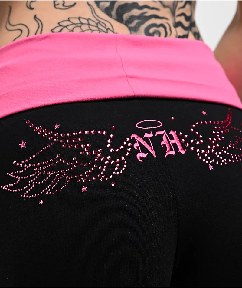 Ninth Hall Jennifer Rhinestone Black & Pink Foldover Shorts