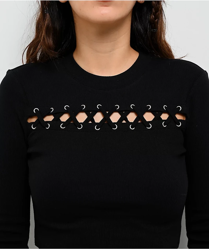 Ninth Hall Krystie Lace Up Black Long Sleeve Crop T-Shirt