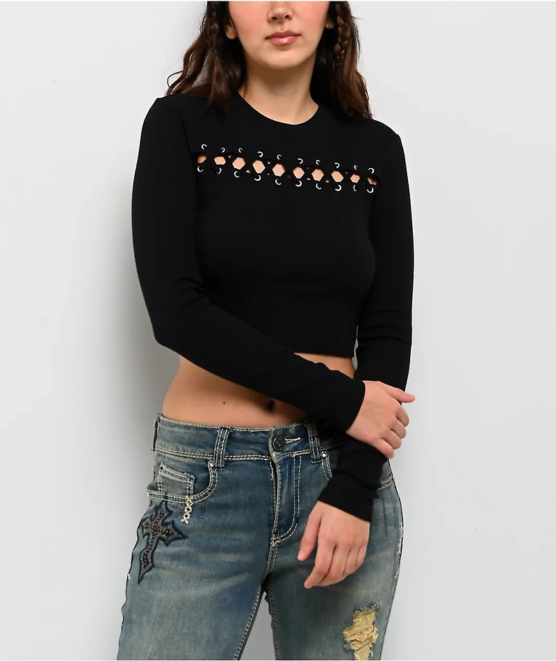 Ninth Hall Krystie Lace Up Black Long Sleeve Crop T-Shirt