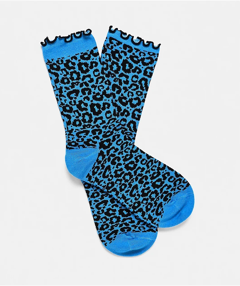 Ninth Hall Leopard Blue Lettuce Edge Crew Socks