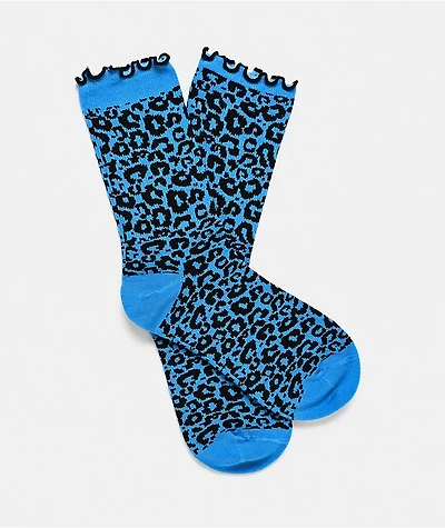 Ninth Hall Leopard Blue Lettuce Edge Crew Socks