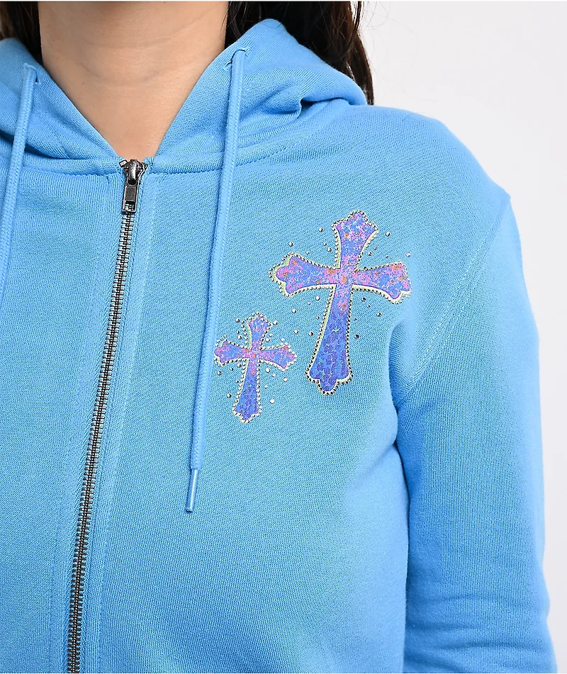 Ninth Hall Leopard Cross Blue Crop Zip Hoodie