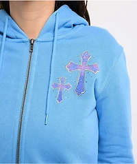 Ninth Hall Leopard Cross Blue Crop Zip Hoodie