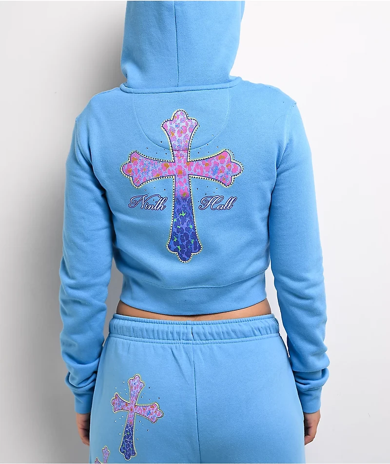 Ninth Hall Leopard Cross Blue Crop Zip Hoodie