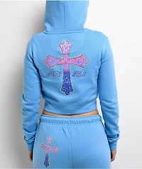 Ninth Hall Leopard Cross Blue Crop Zip Hoodie
