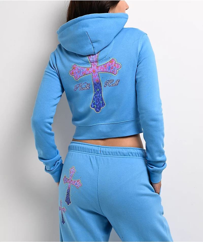 Ninth Hall Leopard Cross Blue Crop Zip Hoodie