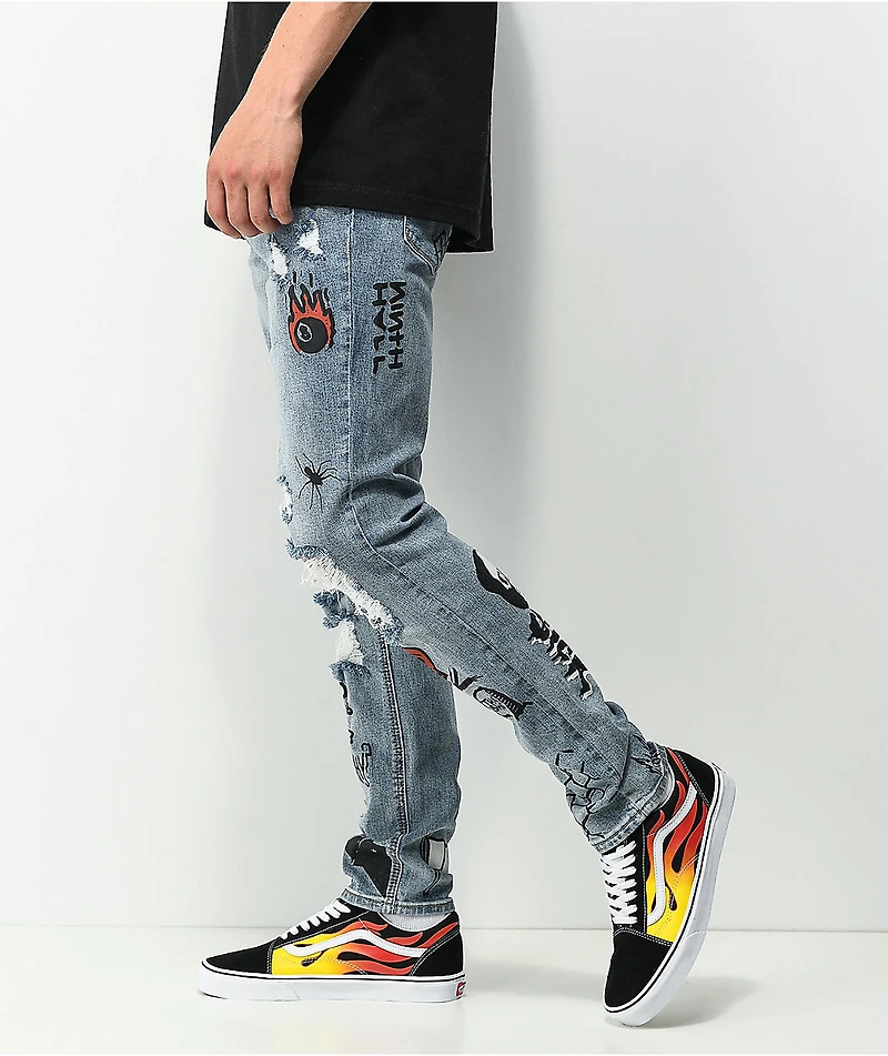 Ninth Hall Lure Printed Light Blue Denim Skinny Jeans