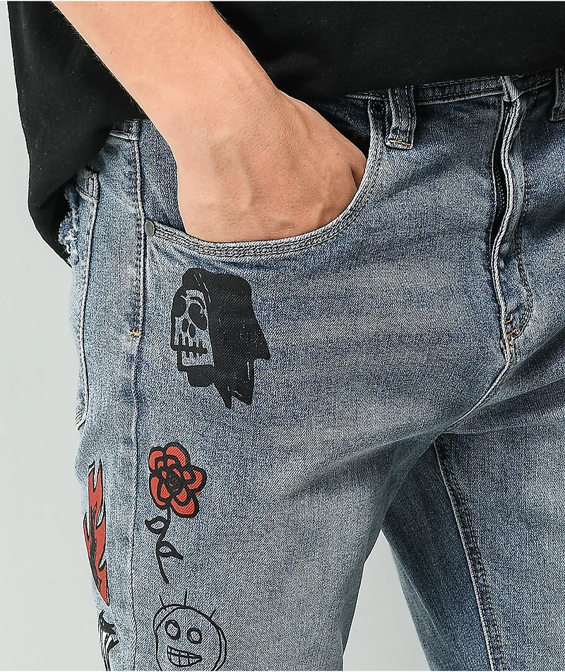 Ninth Hall Lure Printed Light Blue Denim Skinny Jeans