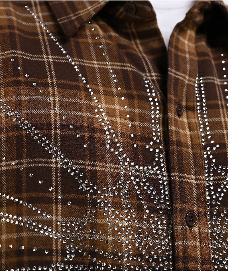 Ninth Hall Rhinestone Brown Long Sleeve Flannel Shirt