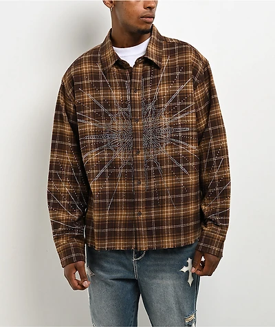 Ninth Hall Rhinestone Brown Long Sleeve Flannel Shirt