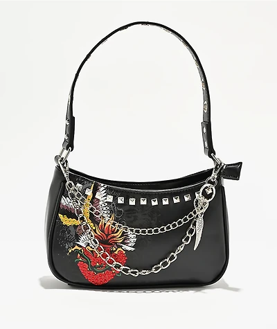 Ninth Hall Rhinestone Heart Black Shoulder Bag