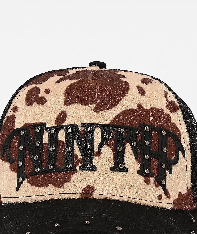 Ninth Hall Rodeo Studded Black & Brown Cow Print Pony Hair Trucker Hat