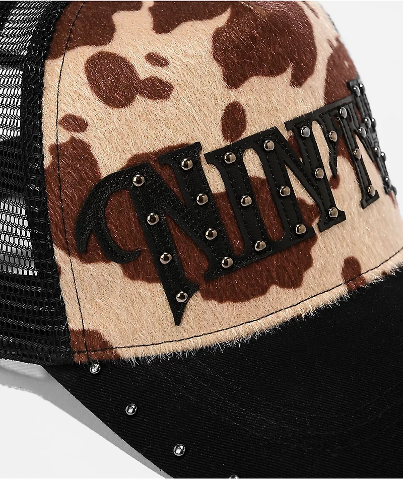Ninth Hall Rodeo Studded Black & Brown Cow Print Pony Hair Trucker Hat