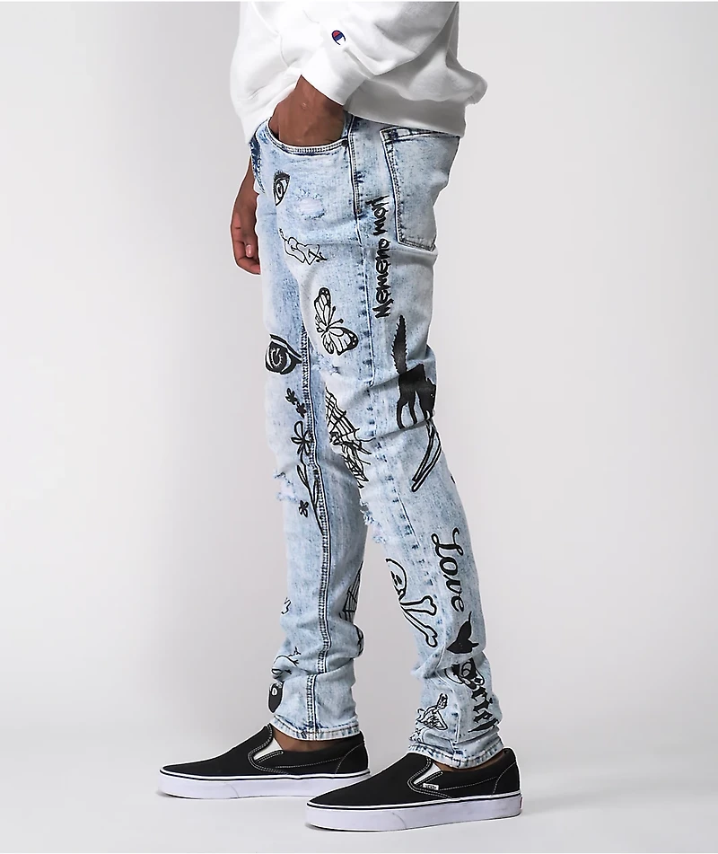 Ninth Hall Rogue Printed Light Wash Skinny Jeans
